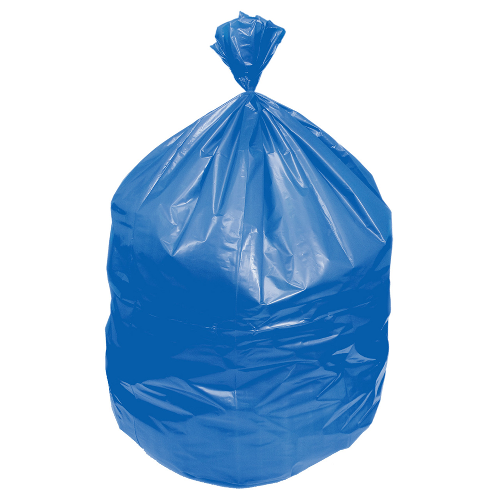 A large blue plastic bag tied at the top, used for storage or waste disposal. Eco Blend® Max 0.8-Mil. 60 Gal. LLDPE Blue Can Liner (38 in. 50 in., 20/Roll, 100/Case)